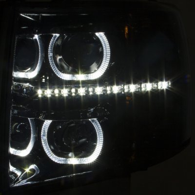 Chevy Silverado 2007-2013 Smoked Halo DRL Projector Headlights and LED Tail Lights