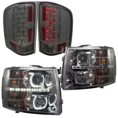 Chevy Silverado 2500HD 2007-2014 Smoked Halo DRL Projector Headlights and LED Tail Lights