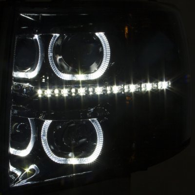 Chevy Silverado 2500HD 2007-2014 Smoked Halo DRL Projector Headlights and LED Tail Lights