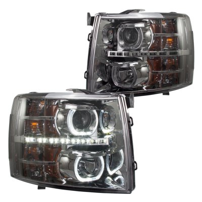 Chevy Silverado 2500HD 2007-2014 Smoked Halo DRL Projector Headlights and LED Tail Lights