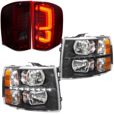 Chevy Silverado 2500HD 2007-2014 Black DRL Headlights and Tinted LED Tail Lights