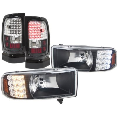 Dodge Ram 3500 1994-2002 Black Headlights LED Signal and LED Tail Lights Black Chrome