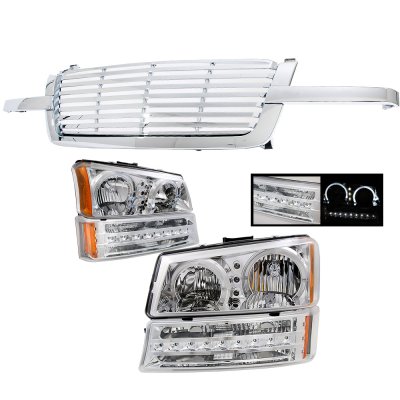 Chevy Silverado 3500 2003-2004 Chrome Billet Grille and Halo Headlights LED Bumper Lights