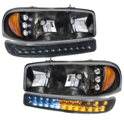 GMC Sierra 3500 2001-2006 Black Headlights LED DRL Bumper Lights