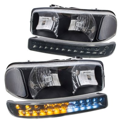 GMC Sierra 1999-2006 Black Clear Headlights and LED Bumper Lights DRL