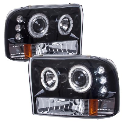 Ford F250 Super Duty 1999-2004 Smoked Halo Projector Headlights and LED Tail Lights Black Chrome