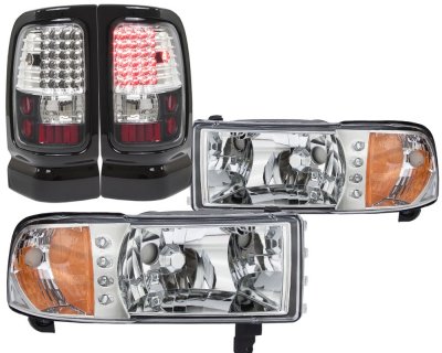 Dodge Ram 3500 1994-2002 Chrome LED DRL Headlights and LED Tail Lights Black Chrome
