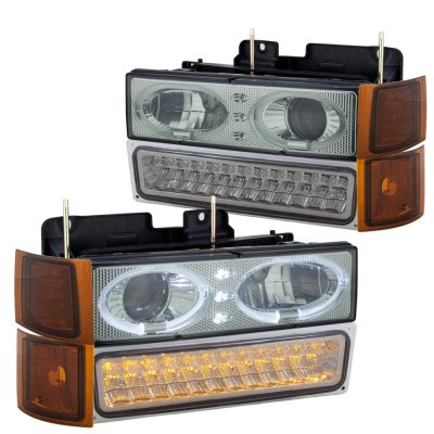 Chevy Tahoe 1995-1999 Smoked Angel Eyes Halo Projector Headlights LED DRL