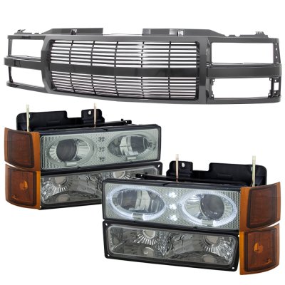 Chevy Tahoe 1995-1999 Black Billet Bar Grille Smoked Halo Projector Headlights LED Set