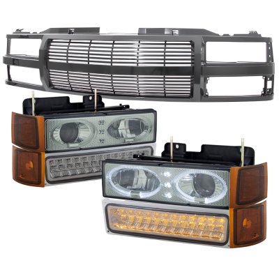 GMC Suburban 1994-1999 Black Billet Grille Smoked Halo Projector Headlights LED Bumper Lights