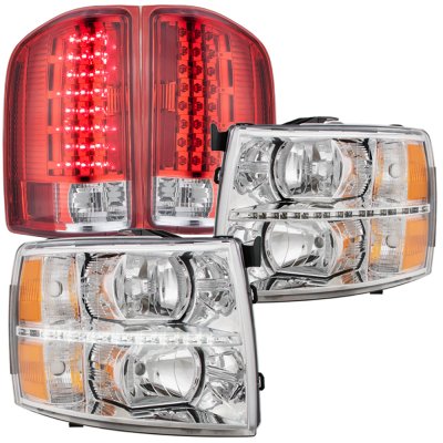 Chevy Silverado 3500HD 2007-2014 Chrome LED DRL Headlights and LED Tail Lights Red Clear