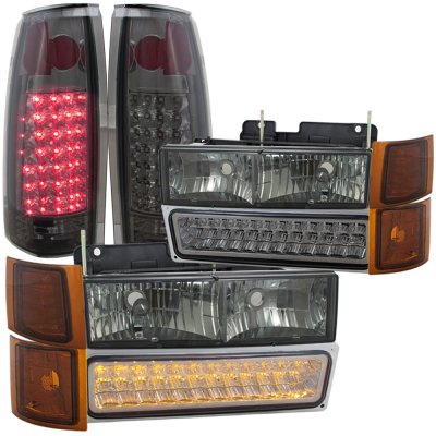 thumbnail image 2 of 94-98 GMC Sierra Smoke Headlights & Bumper Lights + Red LED Tail Lights - Dotcomracing 2 of 4
