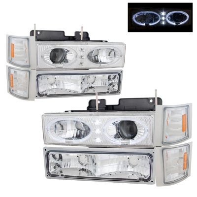 Chevy 1500 Pickup 1994-1998 Chrome Vertical Grille Halo Projector Headlights LED Set