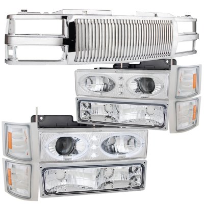 GMC Sierra 3500 1994-2000 Chrome Vertical Grille Halo Projector Headlights LED Set