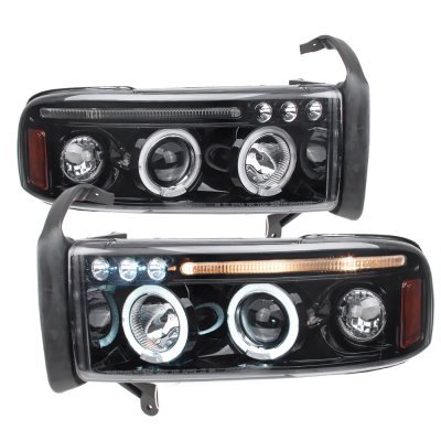 Dodge Ram 1994-2001 Black Grille Smoked Halo Projector Headlights LED Eyebrow