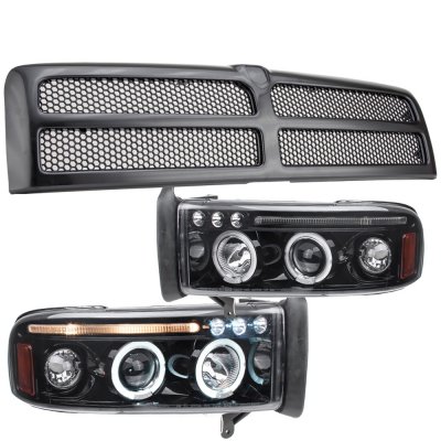 Dodge Ram 1994-2001 Black Grille Smoked Halo Projector Headlights LED Eyebrow