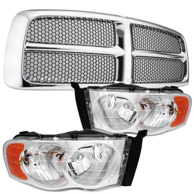 Dodge Ram 3500 2003-2005 Chrome Grille Black Insert and Headlights Set