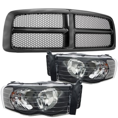 Dodge Ram 3500 2003-2005 Black Grille and Black Clear Headlights