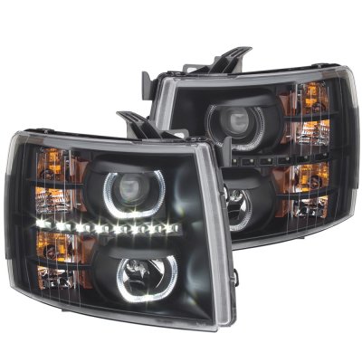 Chevy Silverado 2007-2013 Black Halo DRL Projector Headlights Red Optic LED Tail Lights