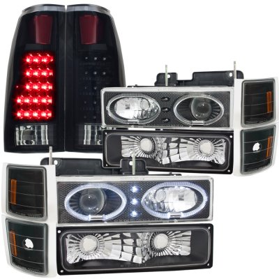 Chevy Suburban 1994-1999 Black Halo Projector Headlights Black Out LED Tail Lights