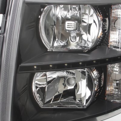 Chevy Silverado 2007-2013 Chrome Grille and Black Headlight Set LED DRL