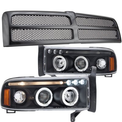 Dodge Ram 2500 1994-2002 Black Grille Halo Projector Headlights LED Eyebrow
