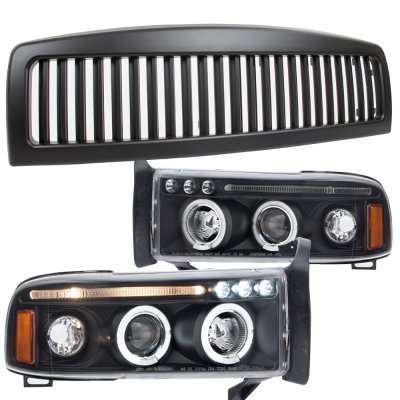 Dodge Ram 2500 1994-2002 Black Vertical Grille Halo Projector Headlights LED Eyebrow