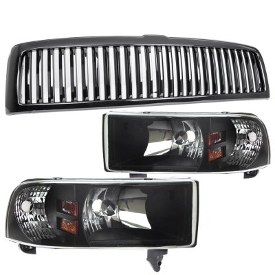 Dodge Ram 2500 1994-2002 Black Vertical Grille and Euro Headlights Set