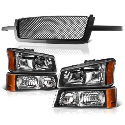 Chevy Silverado 2500HD 2003-2004 Black Mesh Grille and Headlights