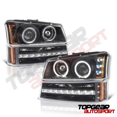 Chevy Silverado 1500 2003-2005 Black Grill and Halo Projector Headlights LED Bumper Lights