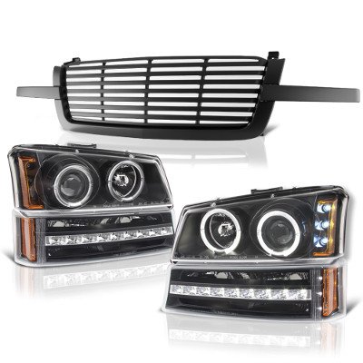 Chevy Silverado 2500HD 2003-2004 Black Grill and Halo Projector Headlights LED Bumper Lights