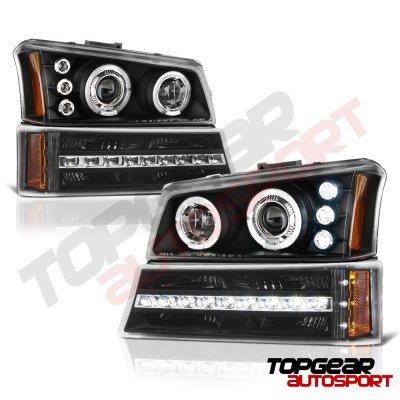 Chevy Silverado 3500 2003-2004 Black Front Grille and Projector Headlights LED Bumper Lights