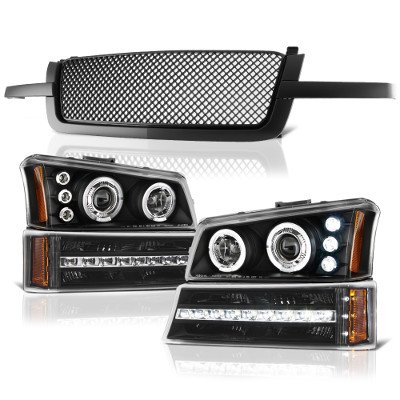 Chevy Silverado 2500HD 2003-2004 Black Mesh Grille and Projector Headlights LED DRL Bumper Lights