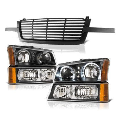 Chevy Silverado 2500 2003-2004 Black Front Grille and Halo Headlights