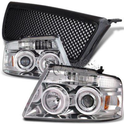 Ford F150 2004-2008 Black Mesh Grille and Clear CCFL Halo Projector Headlights