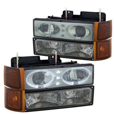 Chevy 2500 Pickup 1994-1998 Black Grill Smoked LED Halo Projector Headlights Set