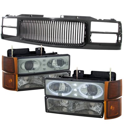 GMC Sierra 3500 1994-2000 Black Grill Smoked LED Halo Projector Headlights Set