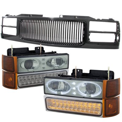 Chevy Tahoe 1995-1999 Black Grill Smoked Halo Projector Headlights LED DRL
