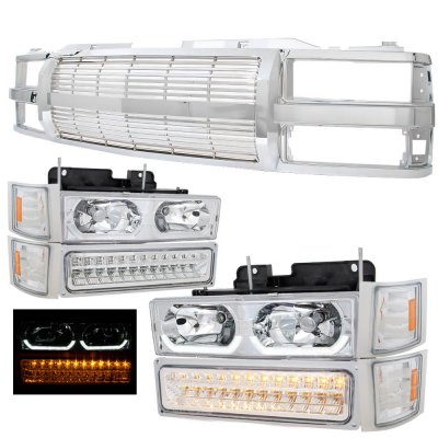 GMC Sierra 2500 1994-2000 Chrome Billet Grille and LED DRL Headlights Bumper Lights