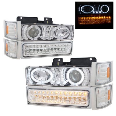 1994 Chevy Blazer Chrome Billet Grille and Halo Projector Headlights LED DRL