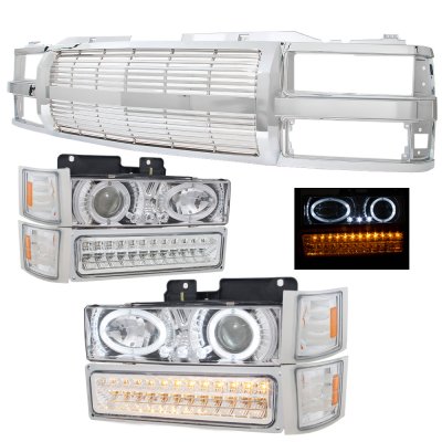 GMC Sierra 1994-1998 Chrome Billet Grille and Halo Projector Headlights LED DRL