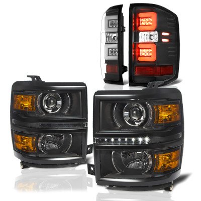 Chevy Silverado 1500 2014-2015 Black DRL Projector Headlights LED Tail Lights Light Bar