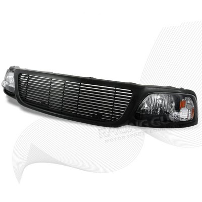 Ford Expedition 1999-2002 Black Billet Grille and Black Euro Headlights Set