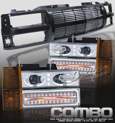 Chevy Silverado 1994-1998 Black Billet Grille and Clear Halo Headlights