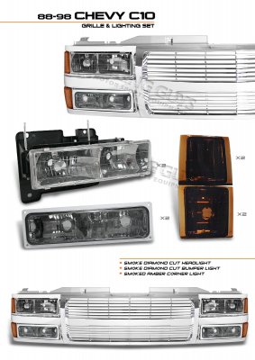 Chevy 1500 Pickup 1994-1998 Chrome Billet Grille and Smoked Headlights