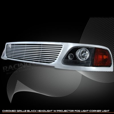 Ford F150 1997-1998 Chrome Billet Grille and Black Headlights