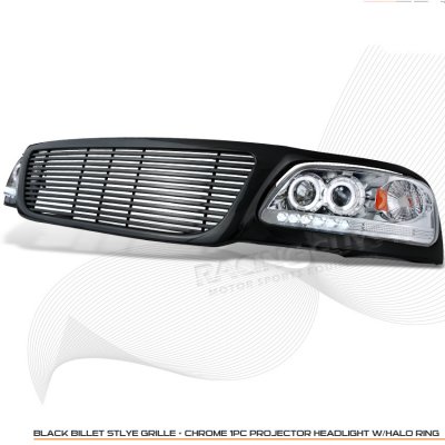 Ford Expedition 1999-2002 Black Billet Grille and Clear Projector Headlights
