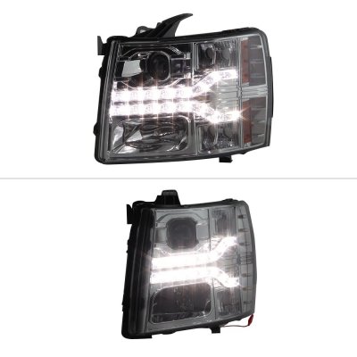 Chevy Silverado 2007-2013 Smoked Projector Headlights LED DRL Facelift