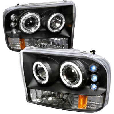 Ford F350 Super Duty 1999-2004 Black Grille and Halo Projector Headlights Conversion