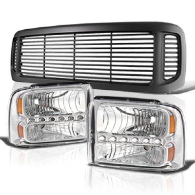 Ford F250 Super Duty 1999-2004 Black Grille and Clear LED DRL Headlights